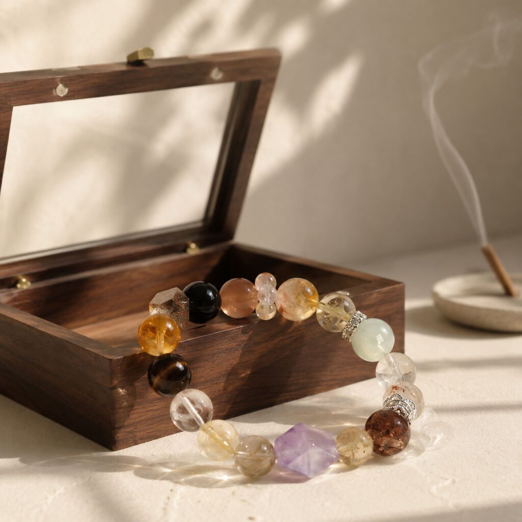 Macro close-up of a curated good luck charm bracelet showcasing natural translucent amethyst, clear crystal, green phantom, and rose quartz beads, nestled gently inside an unvarnished natural wooden box under soft, dappled forest light.