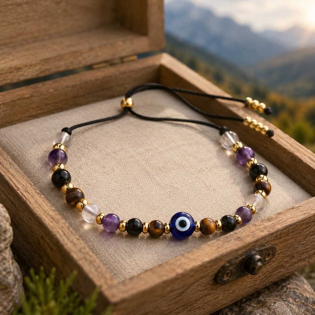 Macro close-up of a curated guardian eye bracelet featuring natural amethyst, tiger's eye, and quartz, resting peacefully inside a simple natural wooden box under gentle mountain light.