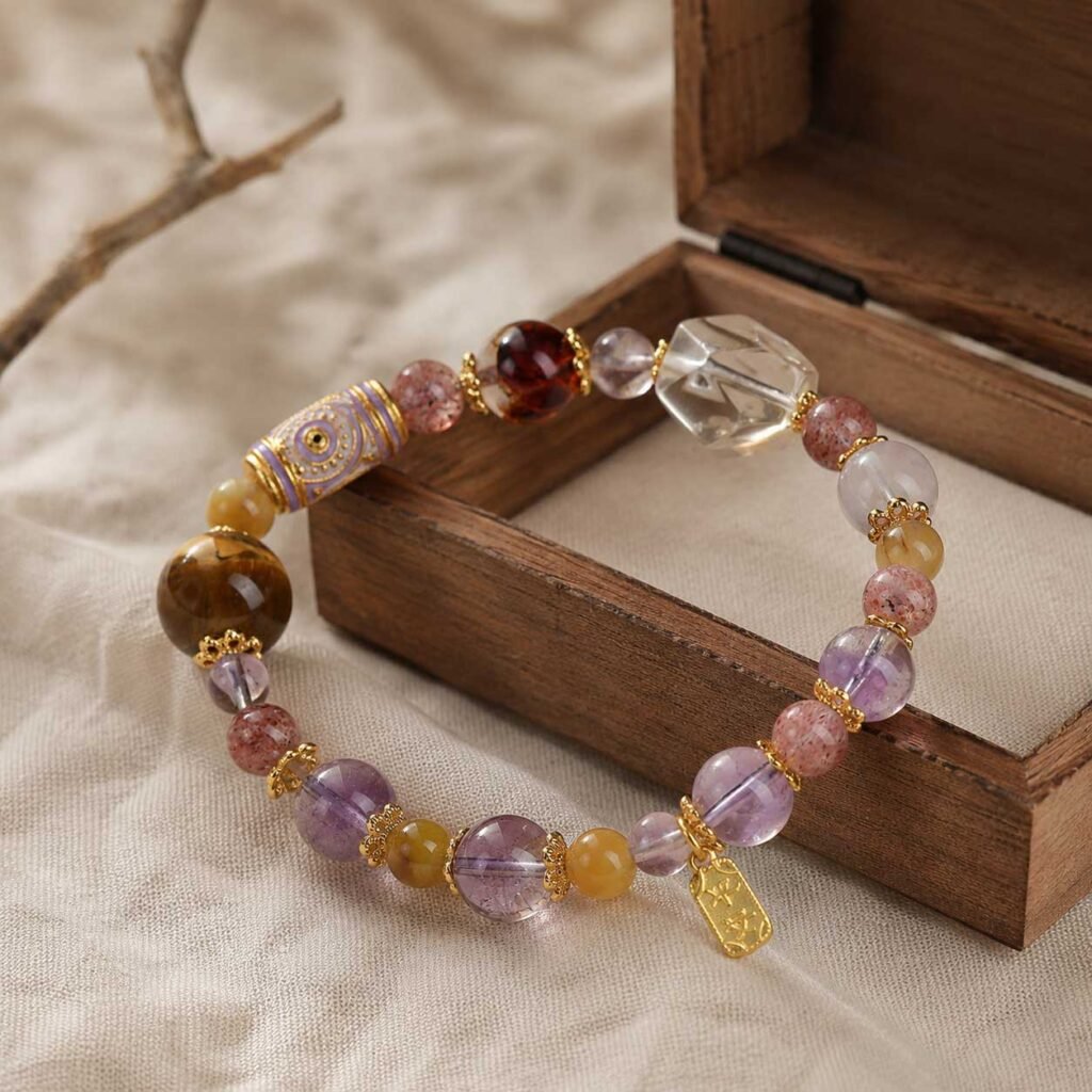 Macro close-up of a curated spiritual bracelet featuring natural amethyst, citrine, and strawberry quartz beads with an Eastern peace amulet and subtle lucky charms, resting inside a simple natural wooden box under gentle mountain light.