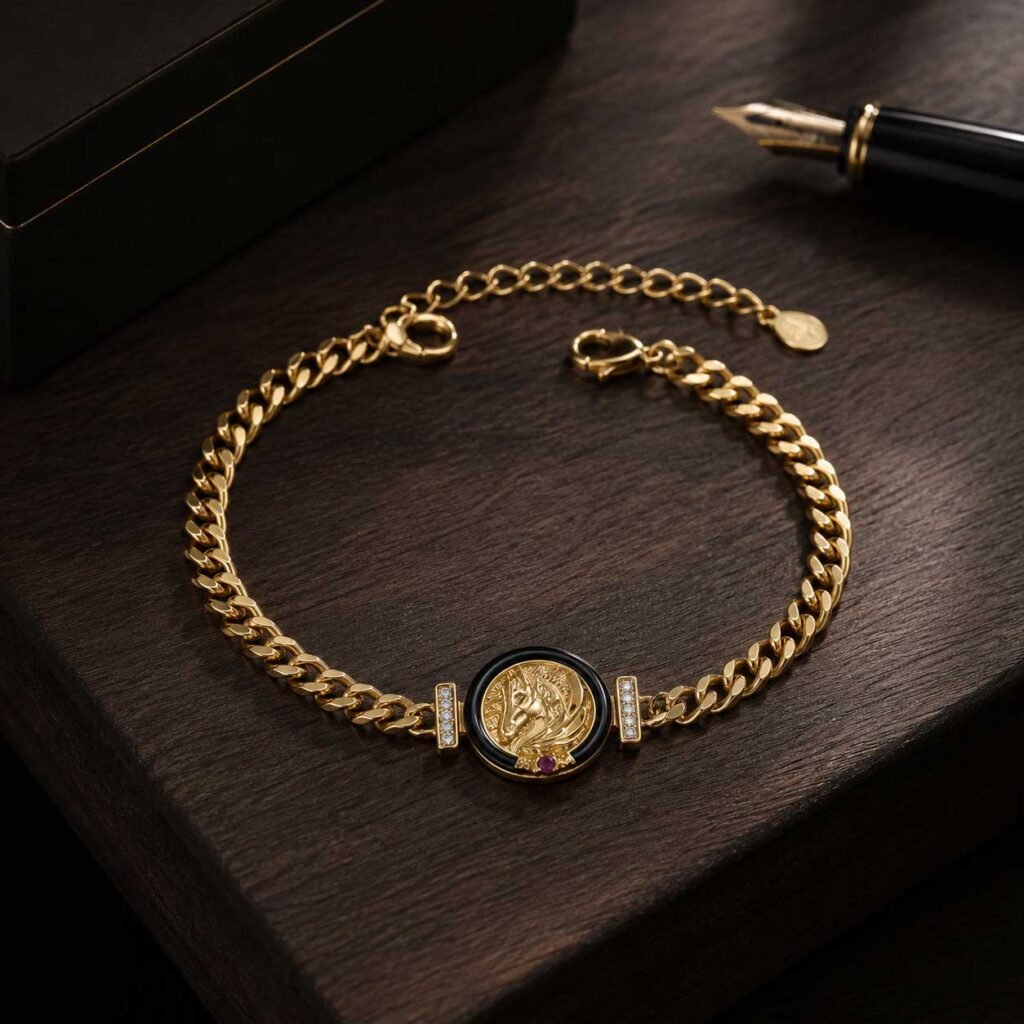 Close-up of a premium good fortune bracelet made of polished refined brass links featuring a detailed horse totem charm, rested inside the signature white Luxe Abundance Box, 24h sound-bath calibrated at 528Hz for 2026 energy alignment.