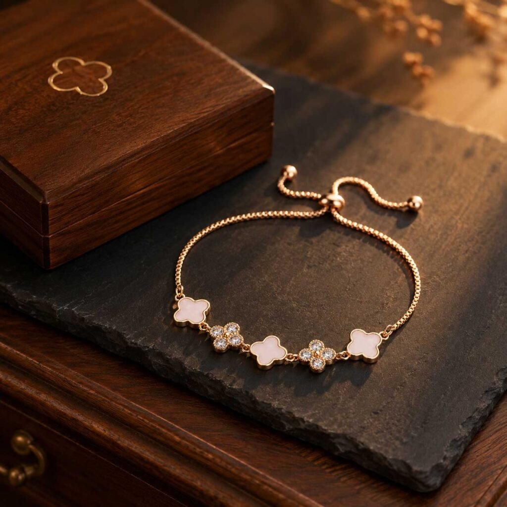 Close-up of a premium china lucky bracelet handcrafted with polished gold-toned resonance alloy link chains and symmetrical four-leaf clover charms, rested inside the signature white Luxe Abundance Box, 24h sound-bath calibrated at 528Hz for 2026 abundance alignment.