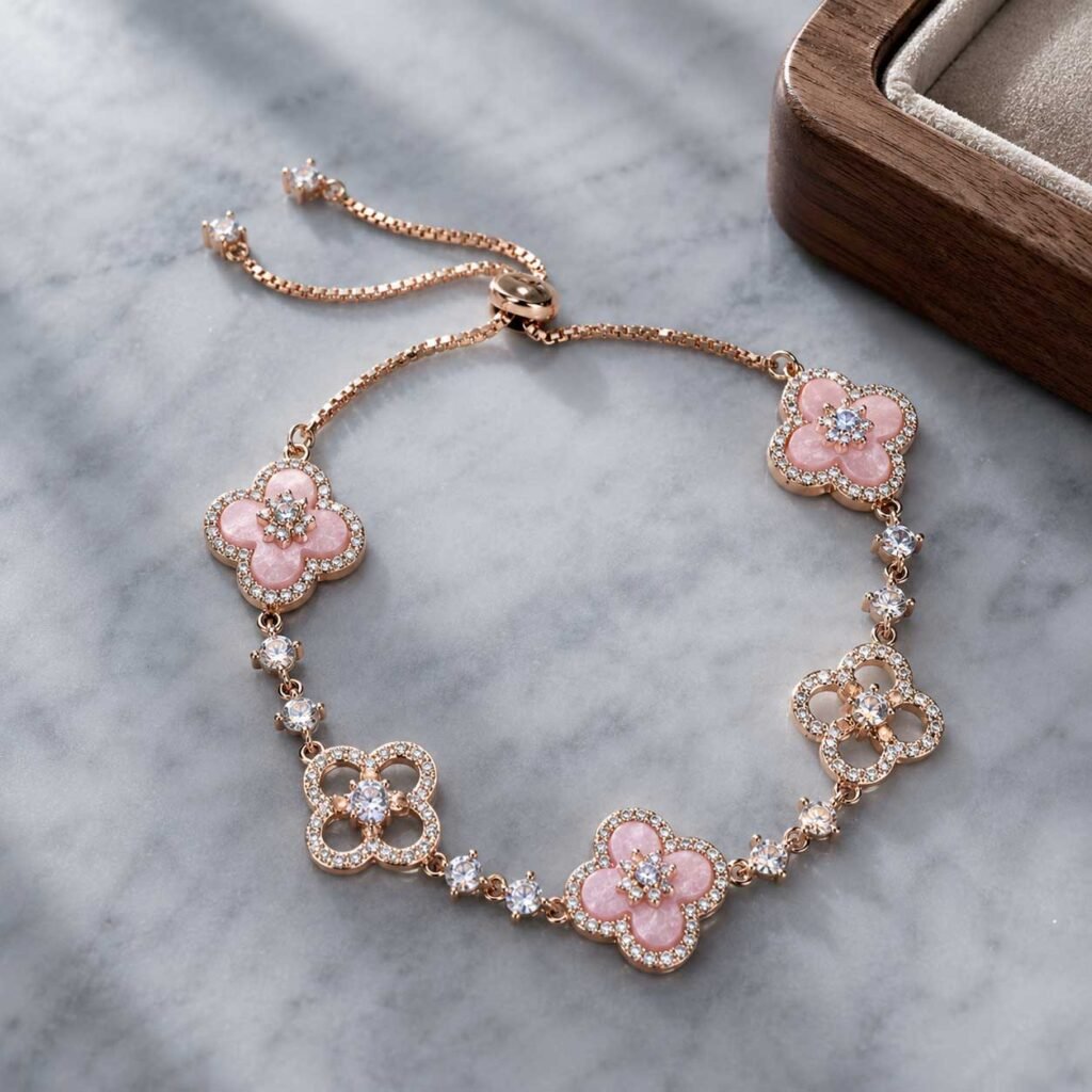 Close-up of a handcrafted classic clover bracelet made of highly polished gold-toned resonance alloy link chain, 24h sound-bath calibrated at 528Hz, displayed elegantly inside the white Luxe Abundance Box.