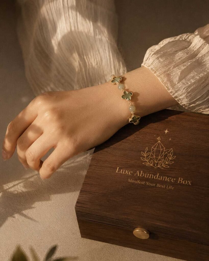 Close-up of a designer clover bracelet with translucent green quartz beads and a symmetrical four-leaf clover charm, presented in the white Luxe Abundance Box.