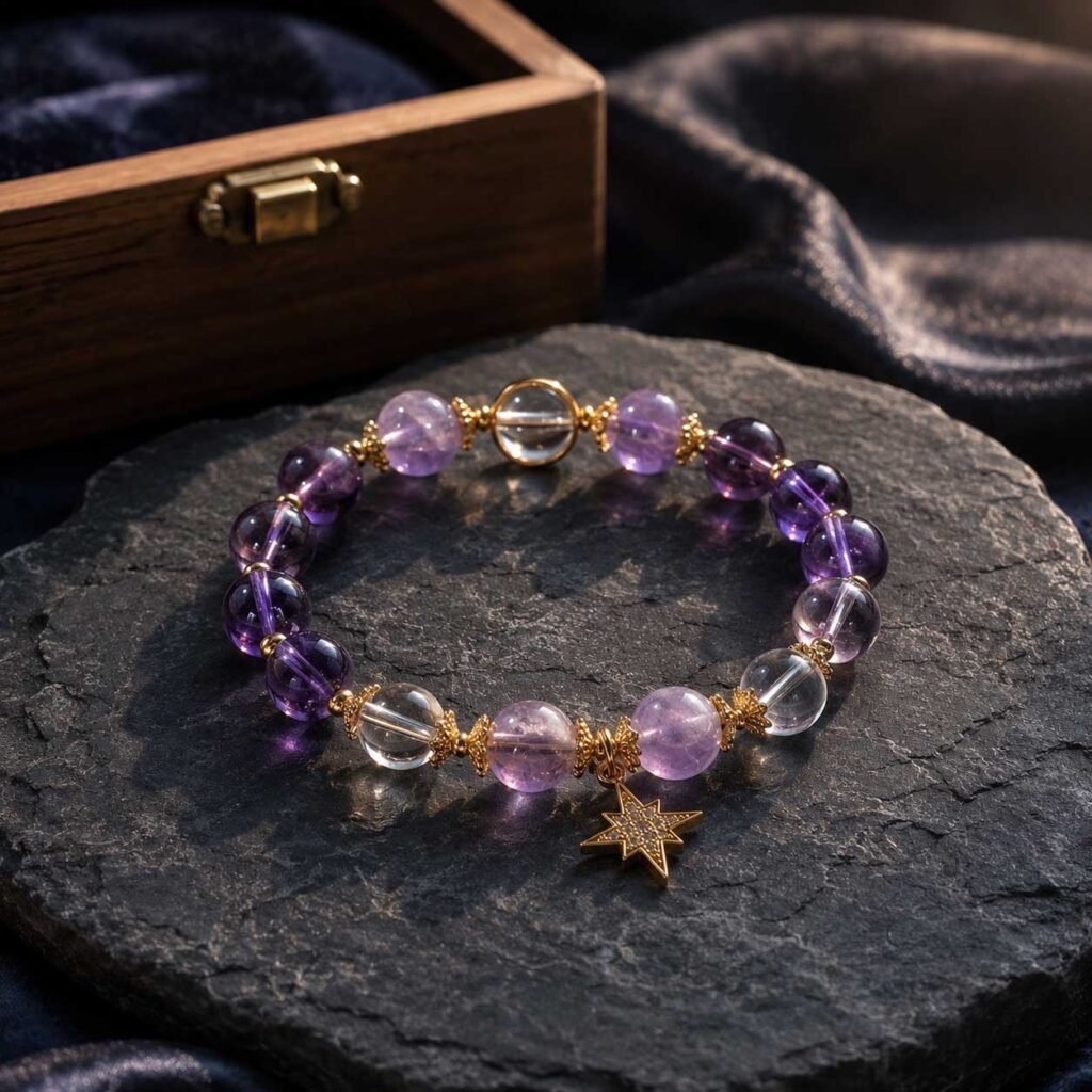 Close-up of a premium handmade spiritual luck bracelet featuring polished natural vintage jade beads nestled in burnished gold alloy scrollwork frames, 24h sound-bath calibrated at 528Hz, displayed inside the signature white Luxe Abundance Box.