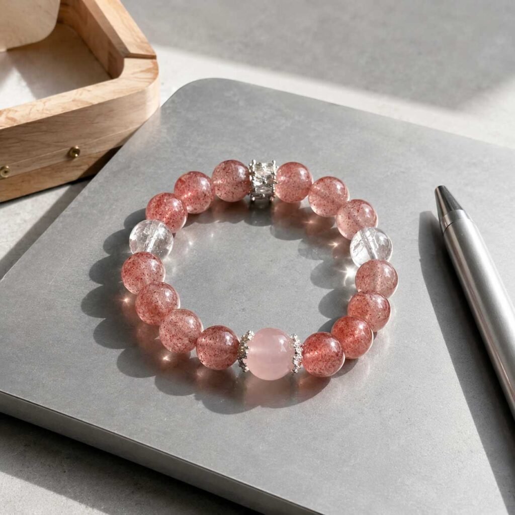 Close-up of a premium minimalist glass bracelet made of polished clear vitreous silica links, handcrafted in a modern contemporary style, 24h sound-bath calibrated at 528Hz for 2026 energy balancing, displayed inside the signature white Luxe Abundance Box.
