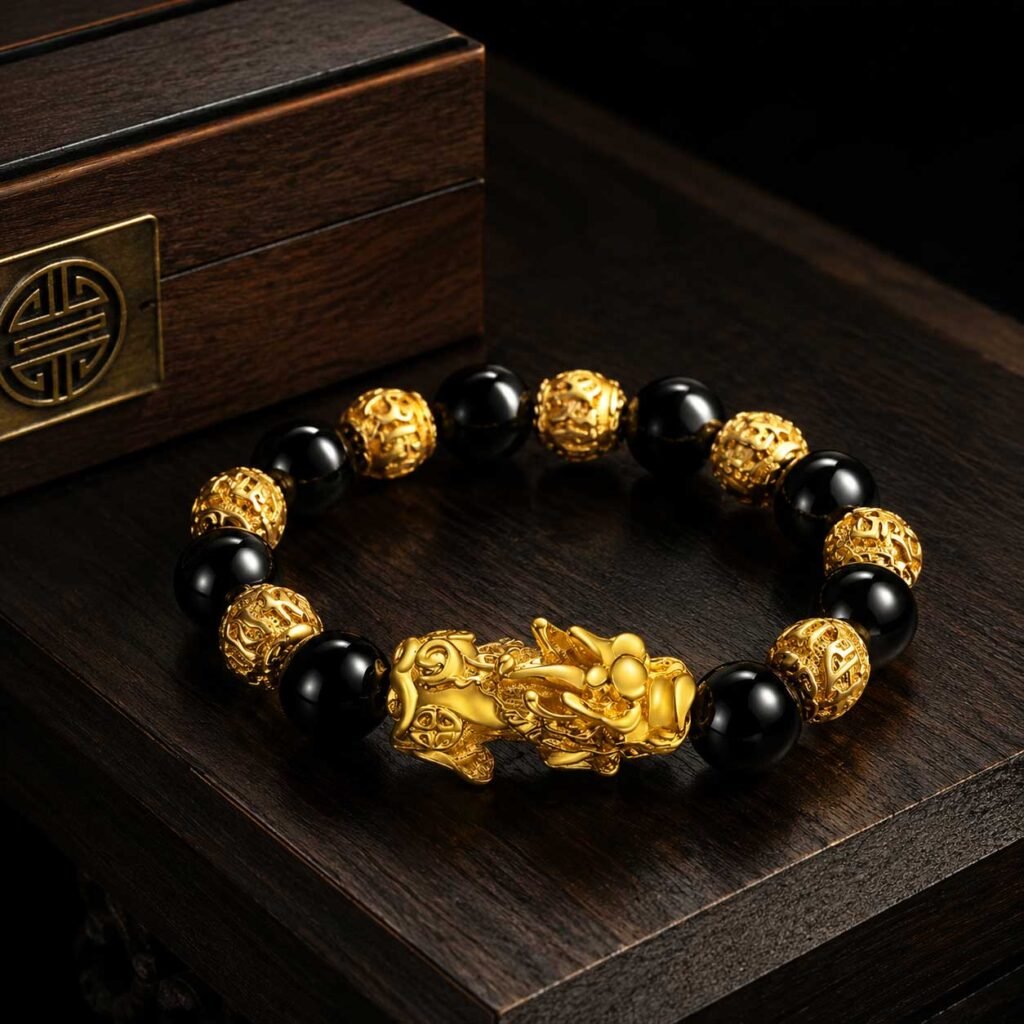 Close-up of a premium gold-plated Pixiu wealth bracelet with detailed engraving, presented inside the signature white Luxe Abundance Box under soft natural light.