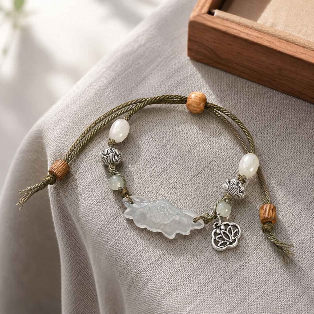 Close-up of a handcrafted natural jade feng shui bracelet featuring an intricately carved lotus flower charm, 24h sound-bath calibrated at 528Hz for 2026 emotional balance, nested inside a signature white Luxe Abundance Box.