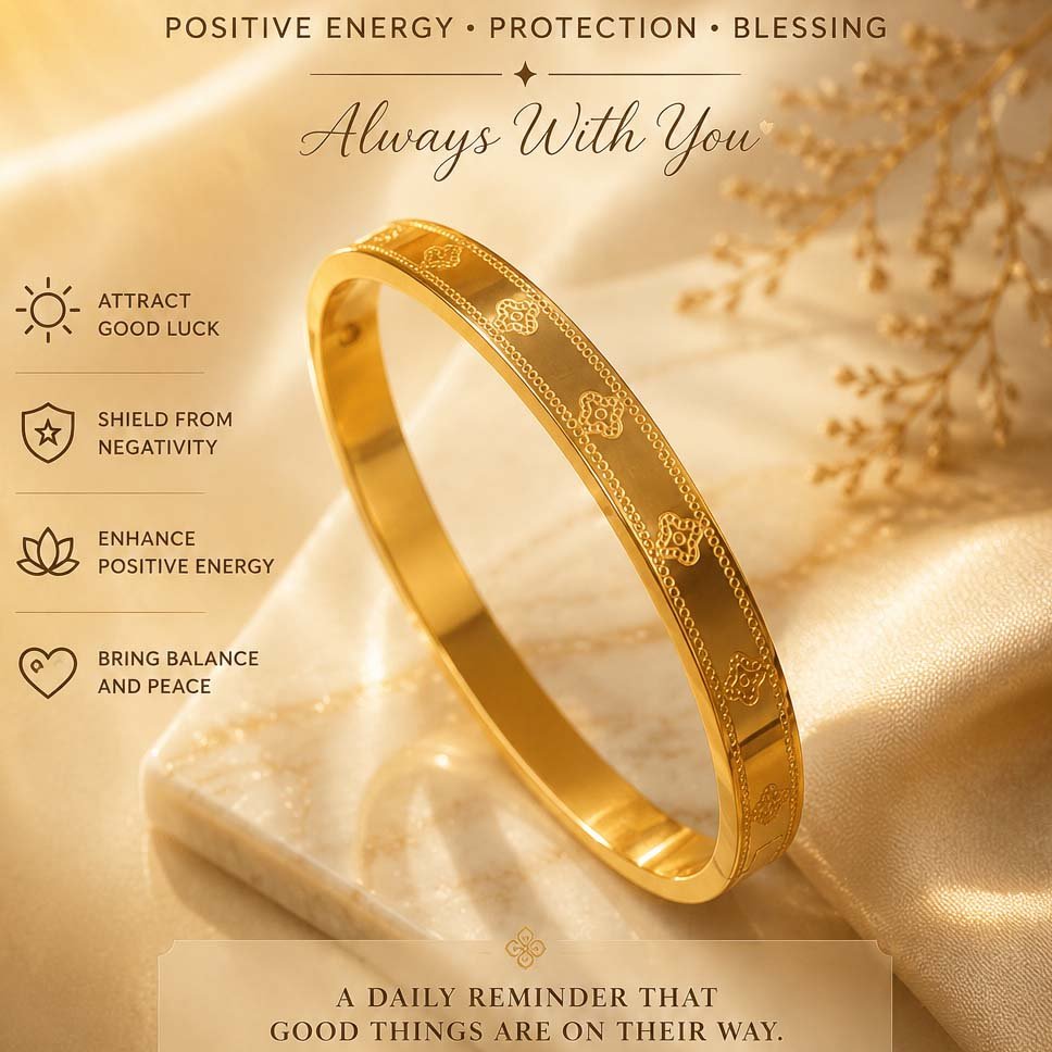 Ritualized gold-tone lucky bracelet, 24h sound-bath cleansed for 2026 manifestation speed and luminous luck, shown in a signature Luxe Abundance prosperity vault.