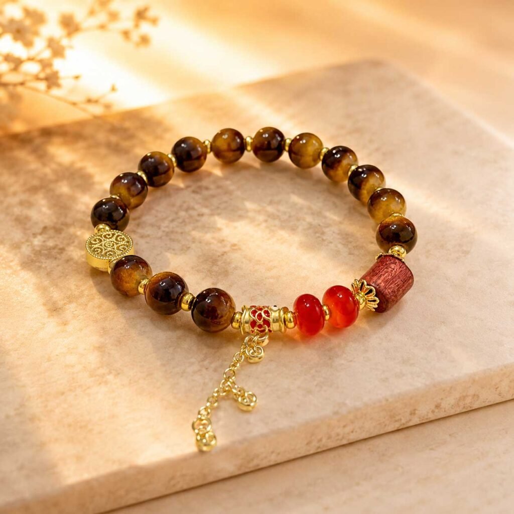 Handcrafted natural yellow tiger's eye womens feng shui bracelet featuring a detailed silver koi fish charm, 24h sound-bath calibrated at 528Hz, displayed within the signature white Luxe Abundance Box for 2026 energy alignment.