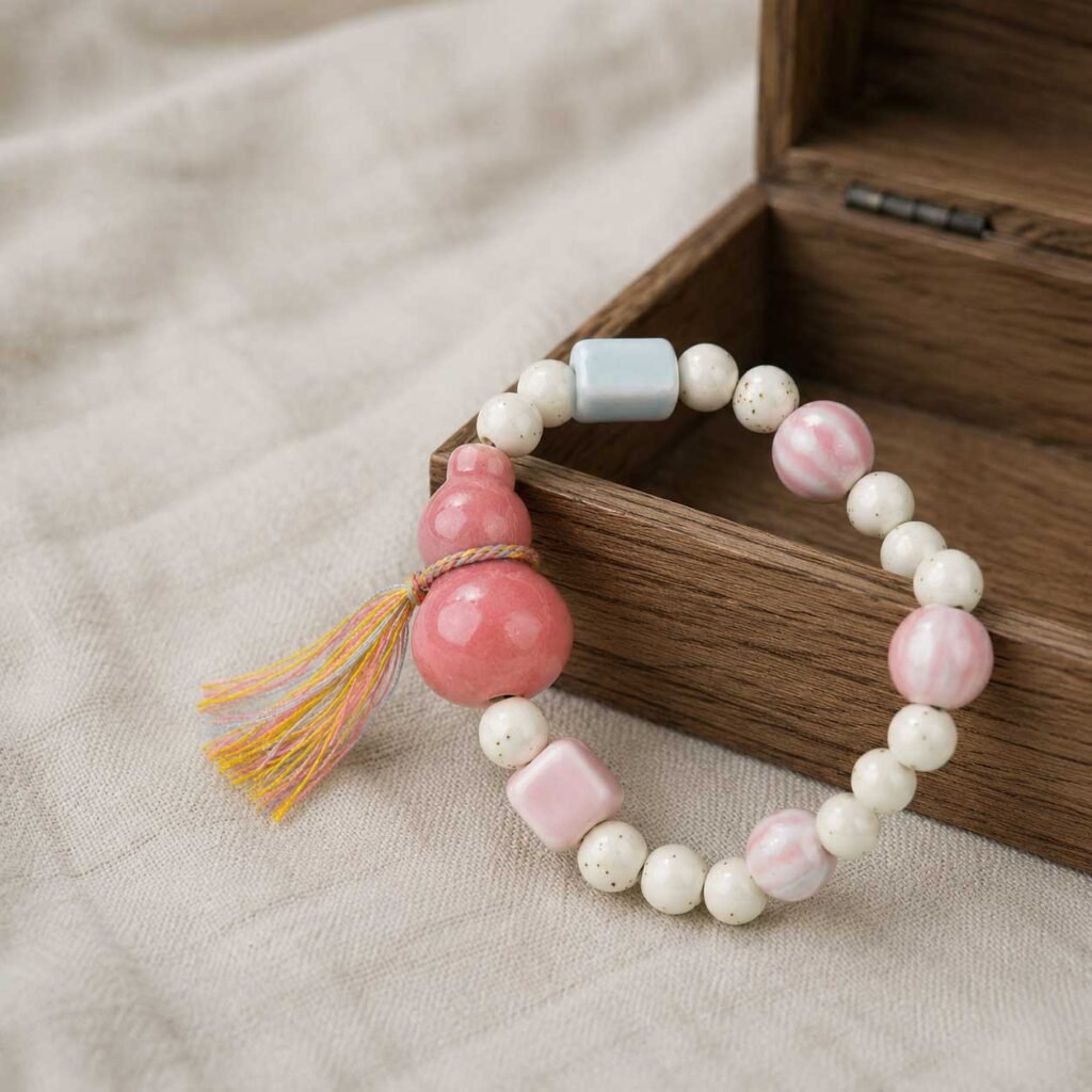 Close-up of a curated minimalist ceramic bracelet featuring a traditional Hulu gourd charm, resting peacefully inside a simple natural wooden box under soft, gentle mountain light.