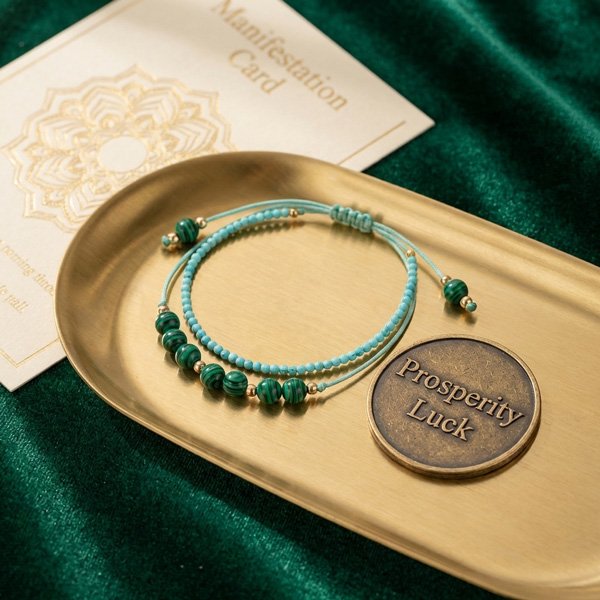 Luxury Malachite and Amazonite energy tool bracelet with Prosperity Luck coin for 2026 manifestation ritual.