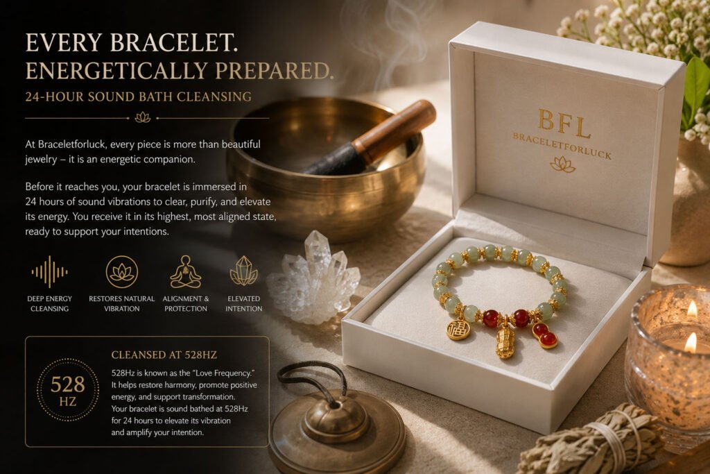 Braceletforluck bracelet presented beside a singing bowl, selenite, and soft moonlight as part of a mindful ritual setting.