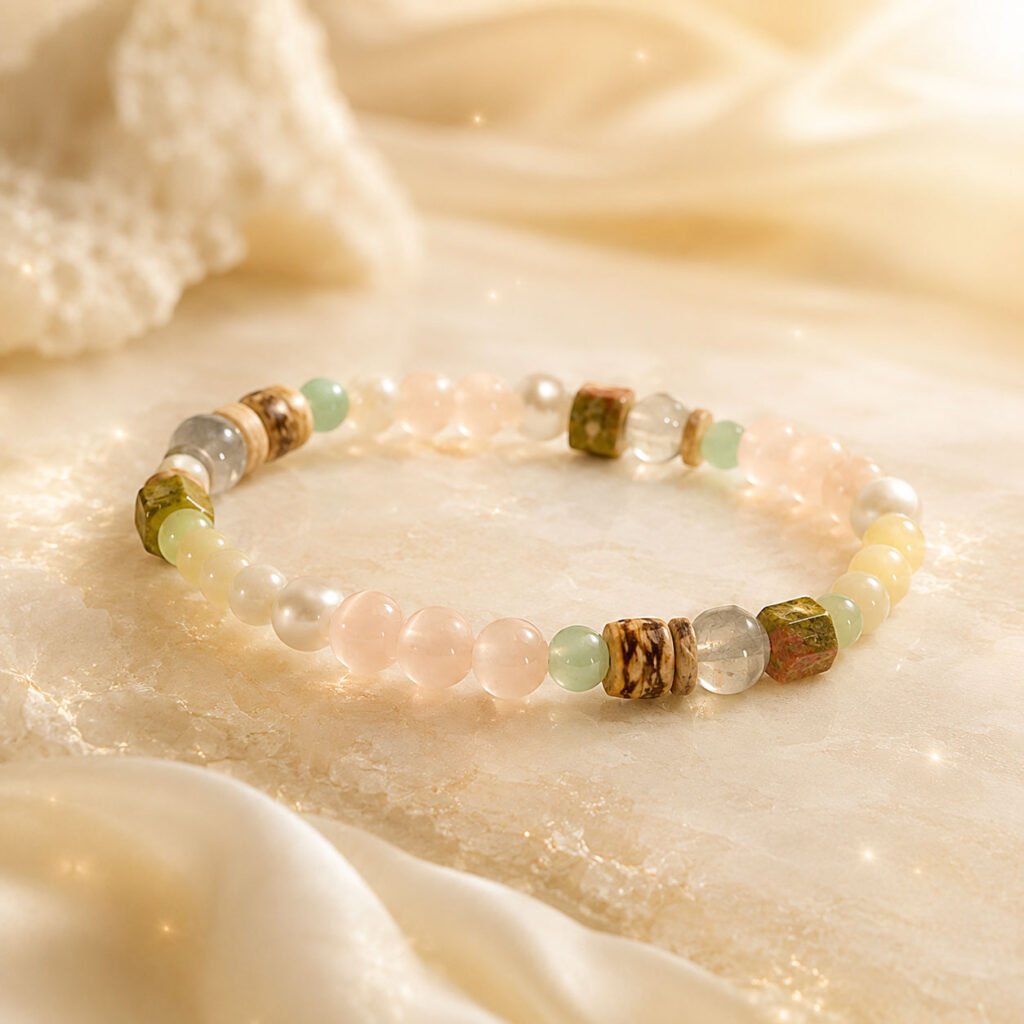 Handcrafted cat's-eye stone and pearl bracelet with luminous chatoyant bands, presented in the white Luxe Abundance Box.