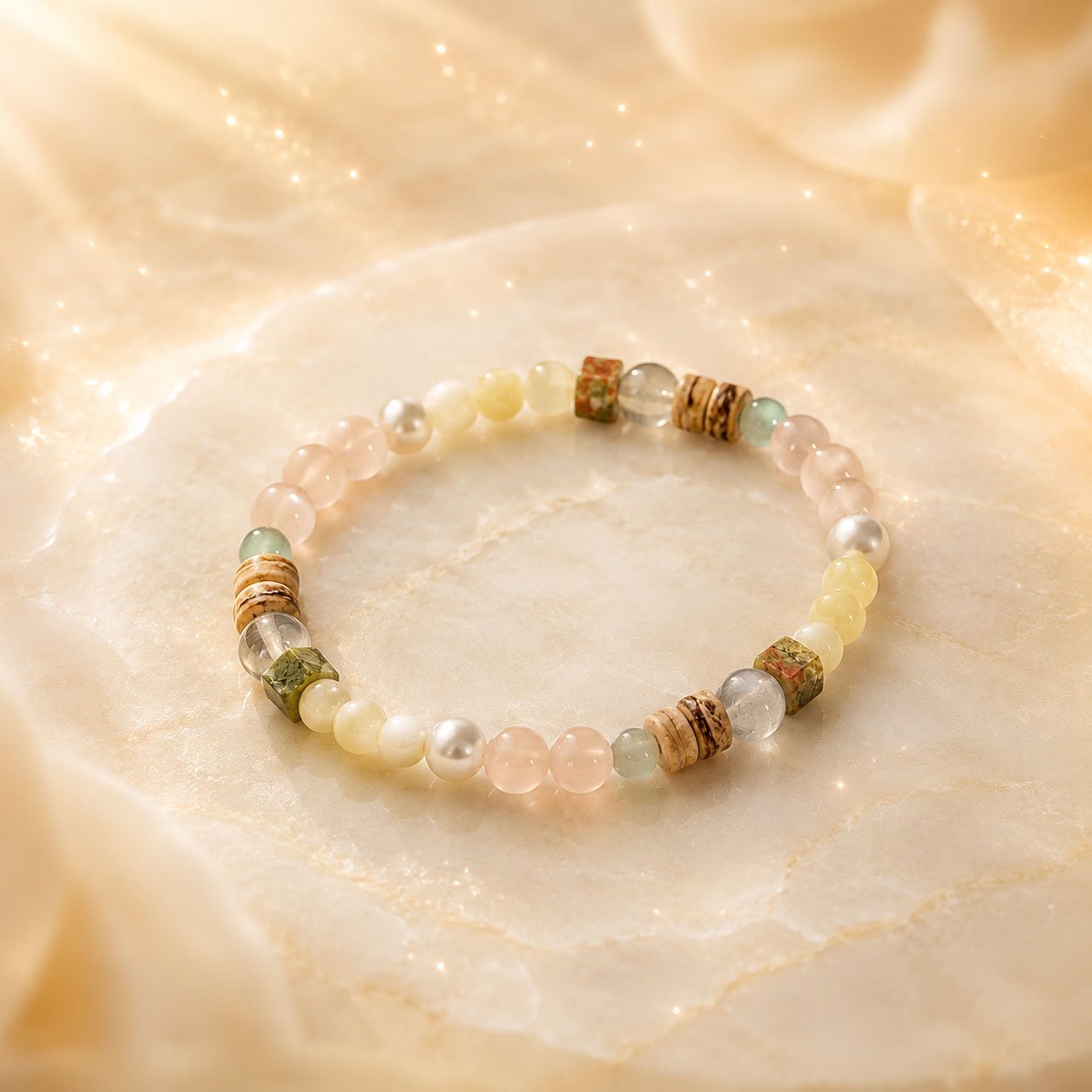 “The Visionary’s Path” – Natural Cat’s Eye Stone Bracelet with Pearls | Meaningful Jewelry 2 Handcrafted natural cat's-eye stone bracelet with luminous chatoyant bands and pearl accents, presented in the white Luxe Abundance Box.