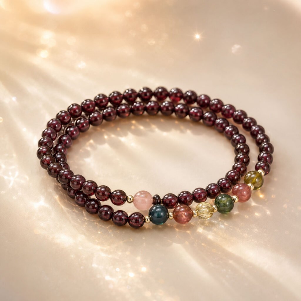 Handcrafted natural red garnet wrap bracelet with multiple strands of crimson gemstone beads, presented in the white Luxe Abundance Box.
