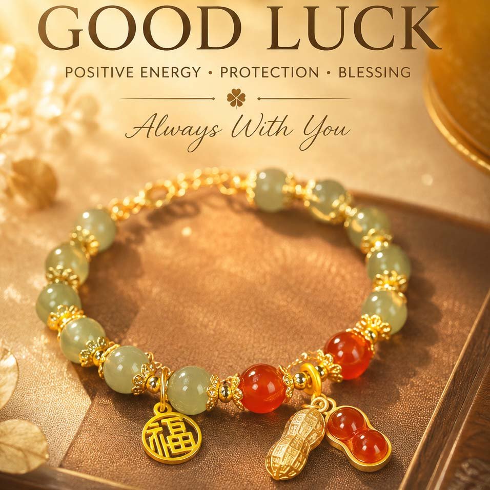 Handcrafted green jade bracelet with a lucky peanut charm and traditional Fu blessing seal, presented in the white Luxe Abundance Box.