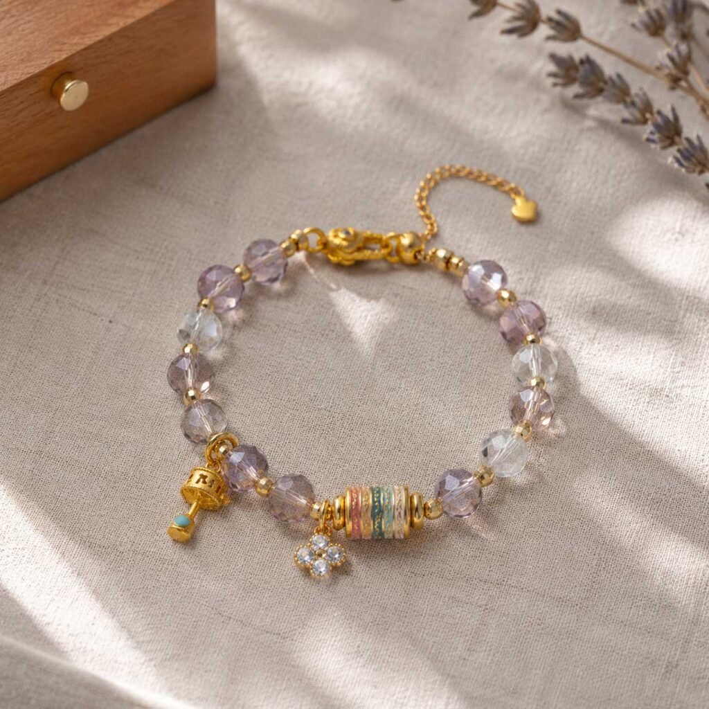 Close-up of a premium handcrafted amethyst botanical flower bracelet featuring intricately carved violet stones, 24h sound-bath calibrated at 528Hz for 2026 emotional balance, nested inside the signature white Luxe Abundance Box.