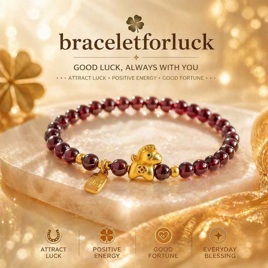 Natural red garnet bead bracelet with a golden horse charm for 2026 luck, 24h sound-bath cleansed, shown in a luxury manifestation setting