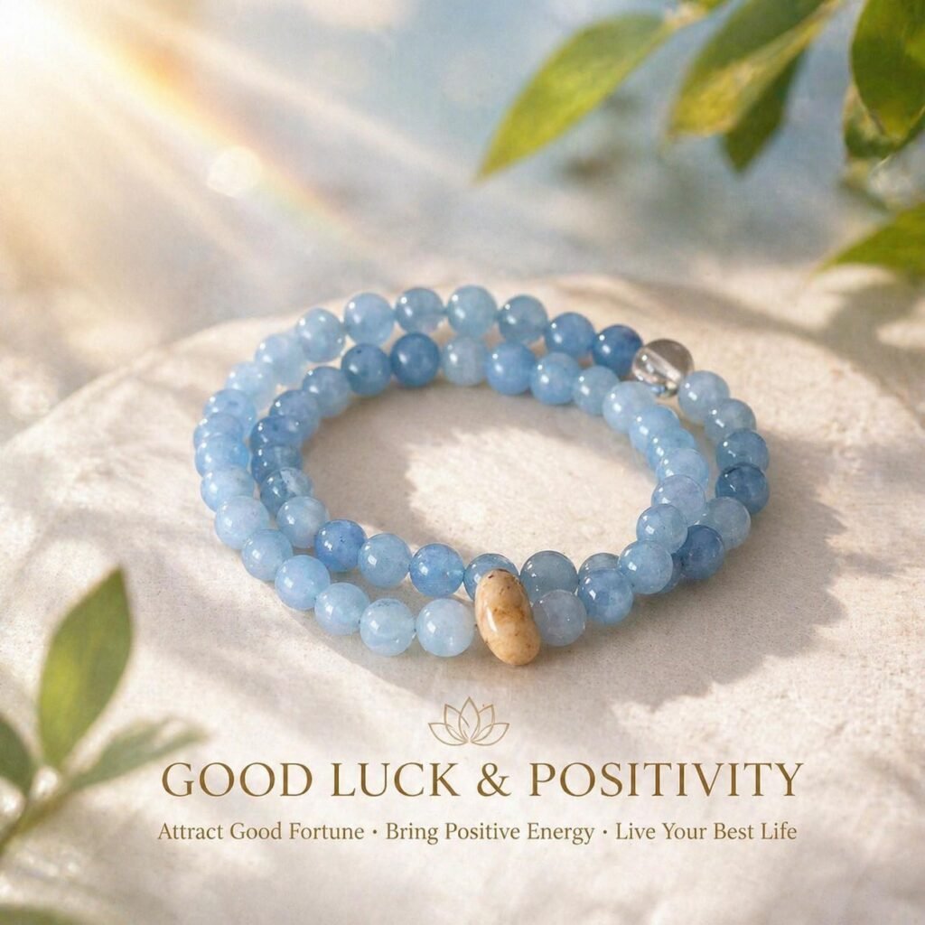 Handcrafted summer blue glass bead bracelet for 2026 cooling energy, 24h sound-bath cleansed, presented on a natural linen ritual surface for a high-end spiritual look.