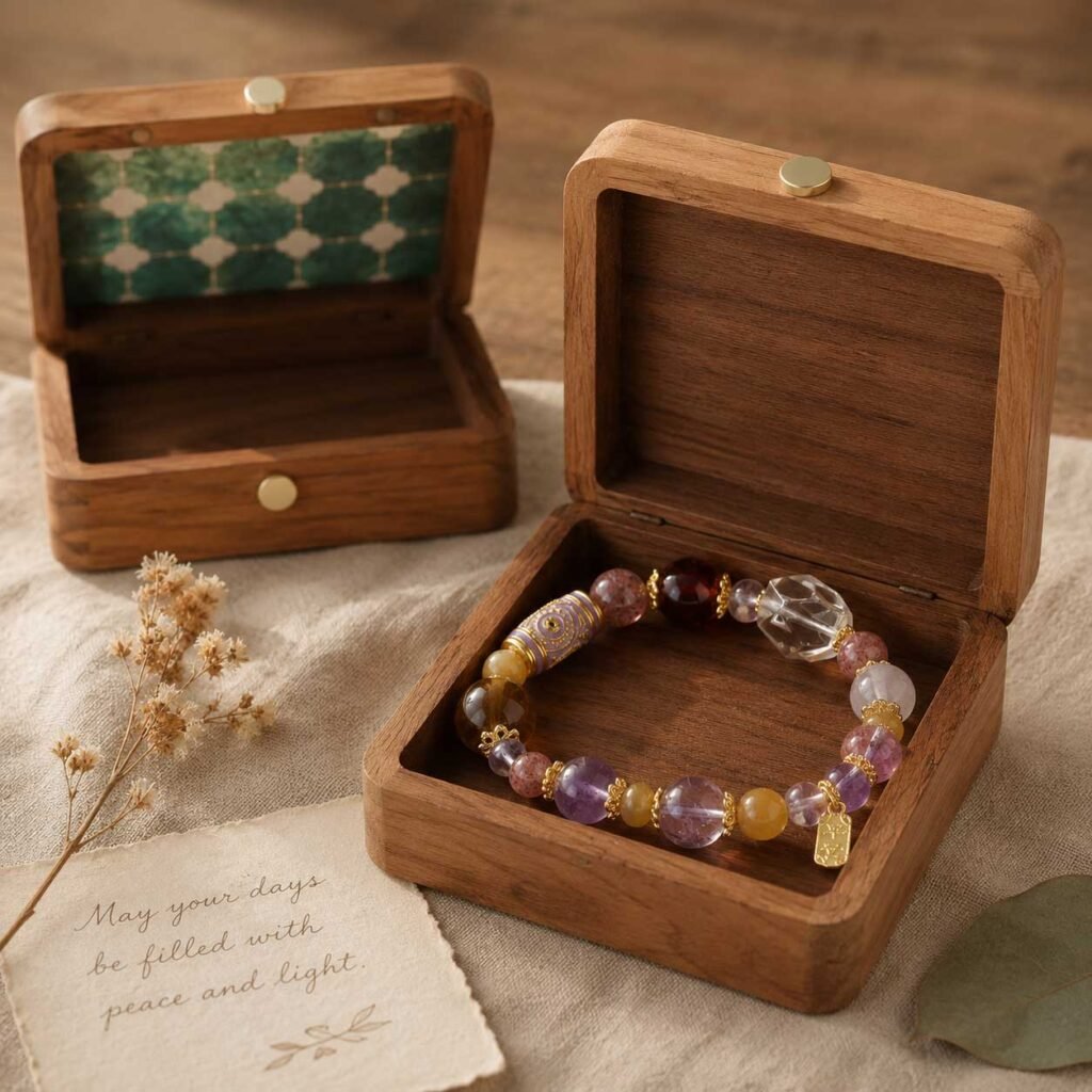 A spiritual gemstone bracelet resting inside a simple, unvarnished wooden gift box, reflecting the unadorned strength of Oriental quiet luxury.