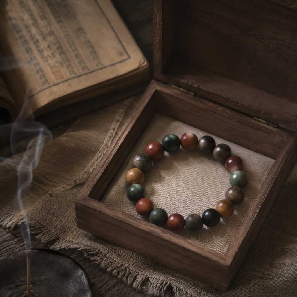 Close-up of a curated oriental incense bead bracelet with antique textures, resting peacefully inside a simple natural wooden box under gentle mountain light.