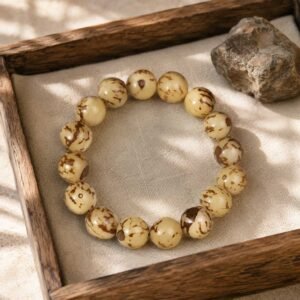 Close-up of a curated natural Bodhi root bead bracelet with smooth organic texture, resting peacefully inside a simple natural wooden box under soft natural sunlight.