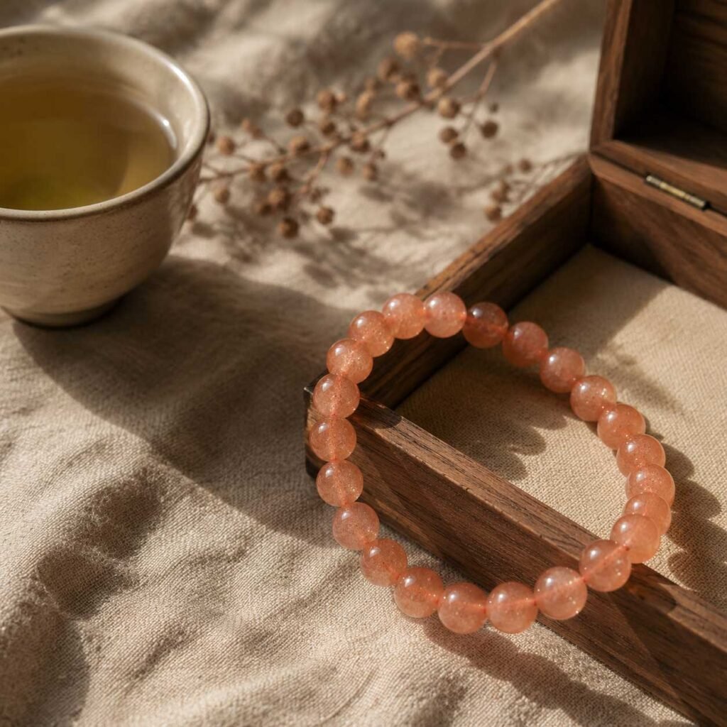Close-up of a curated minimalist natural sunstone bracelet with warm earthy tones, resting peacefully inside a simple natural wooden box under gentle mountain light.