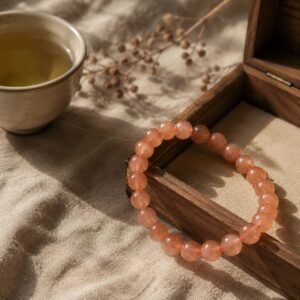 Close-up of a curated minimalist natural sunstone bracelet with warm earthy tones, resting peacefully inside a simple natural wooden box under gentle mountain light.
