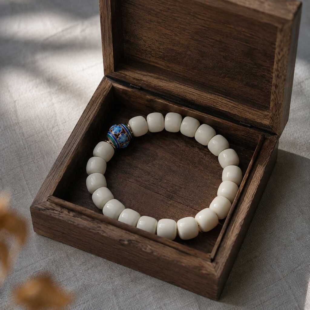 Close-up of a curated minimalist Bodhi root bracelet with a smooth, porcelain-like texture, resting peacefully inside a simple natural wooden box under gentle mountain light.